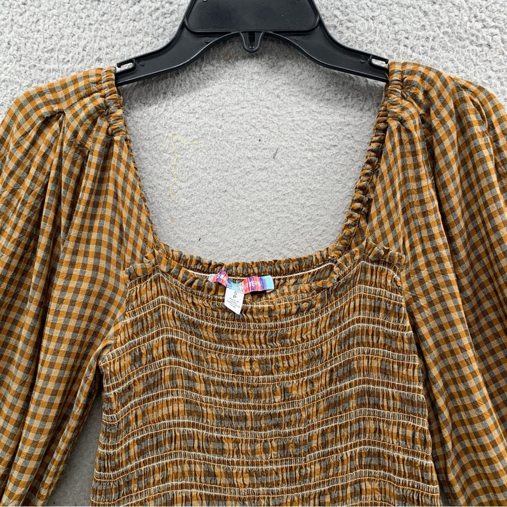 Urban Outfitters Francis Smocked Puff Sleeve Mini Dress Yellow Brown Women’s S - Picture 7 of 11